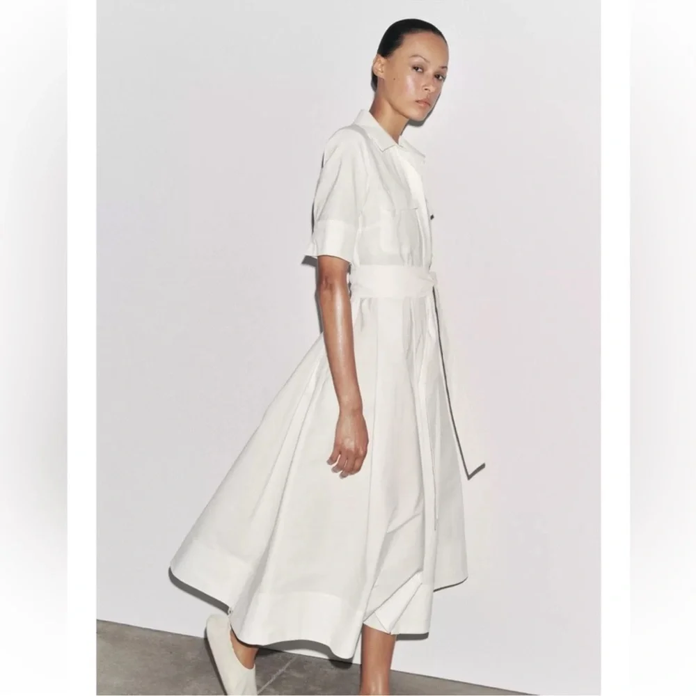 Zara Ivory Midi Shirt Dress with Waist Tie - Picture 4 of 13